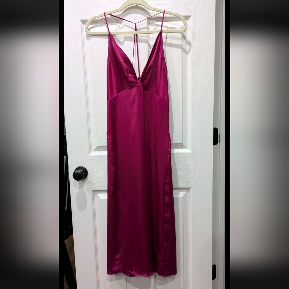 Express Satin Slip Dress Twist Front Empire Midi Large Open Back Sexy‎ Fuschia